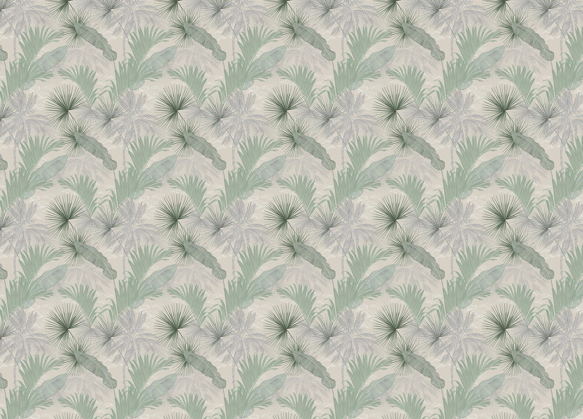 Green Banana Leaves Seamless Pattern Wallpaper in your room — zoomed