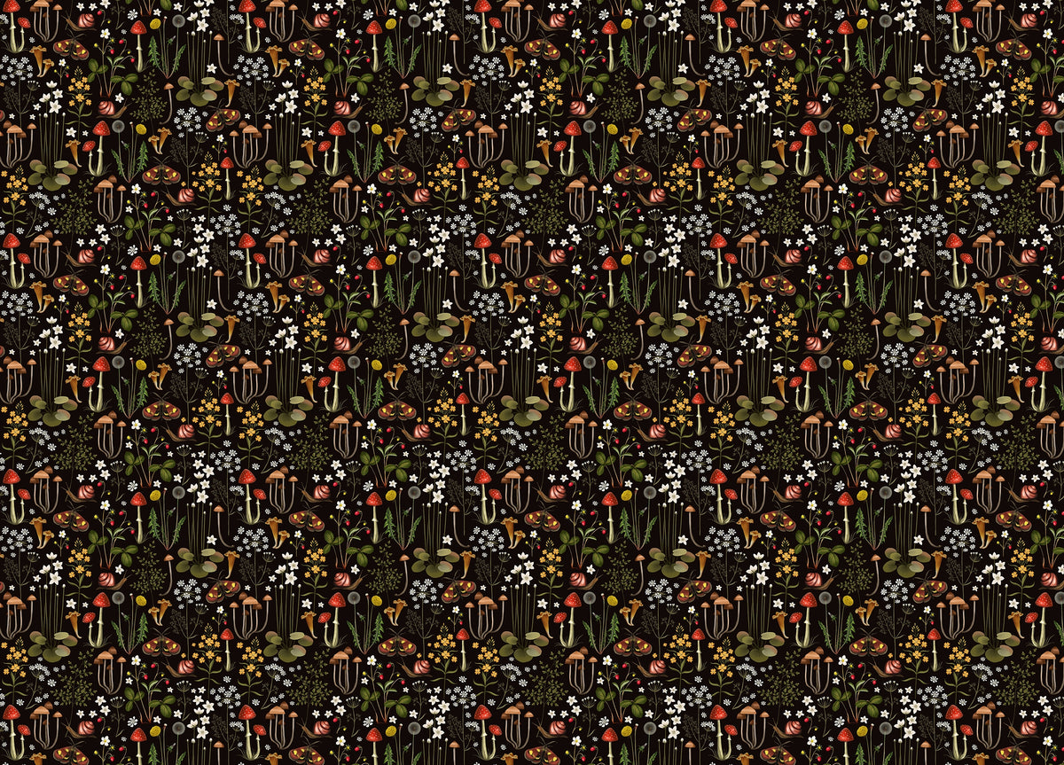 Fairy Forest Flower Mushrooms Black Background Wallpaper in your room — zoomed