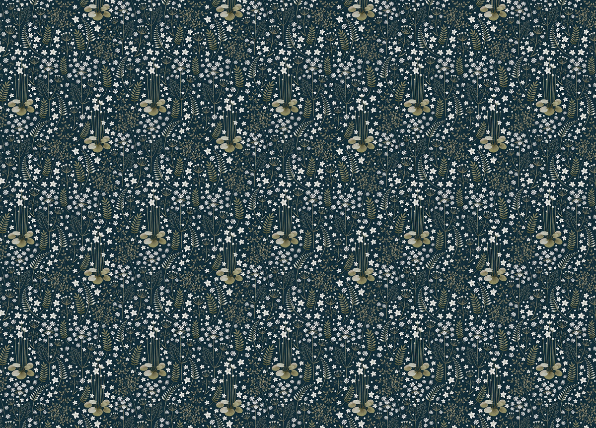 Floral Dark Blue Background Leaves Removable Wallpaper in your room — zoomed