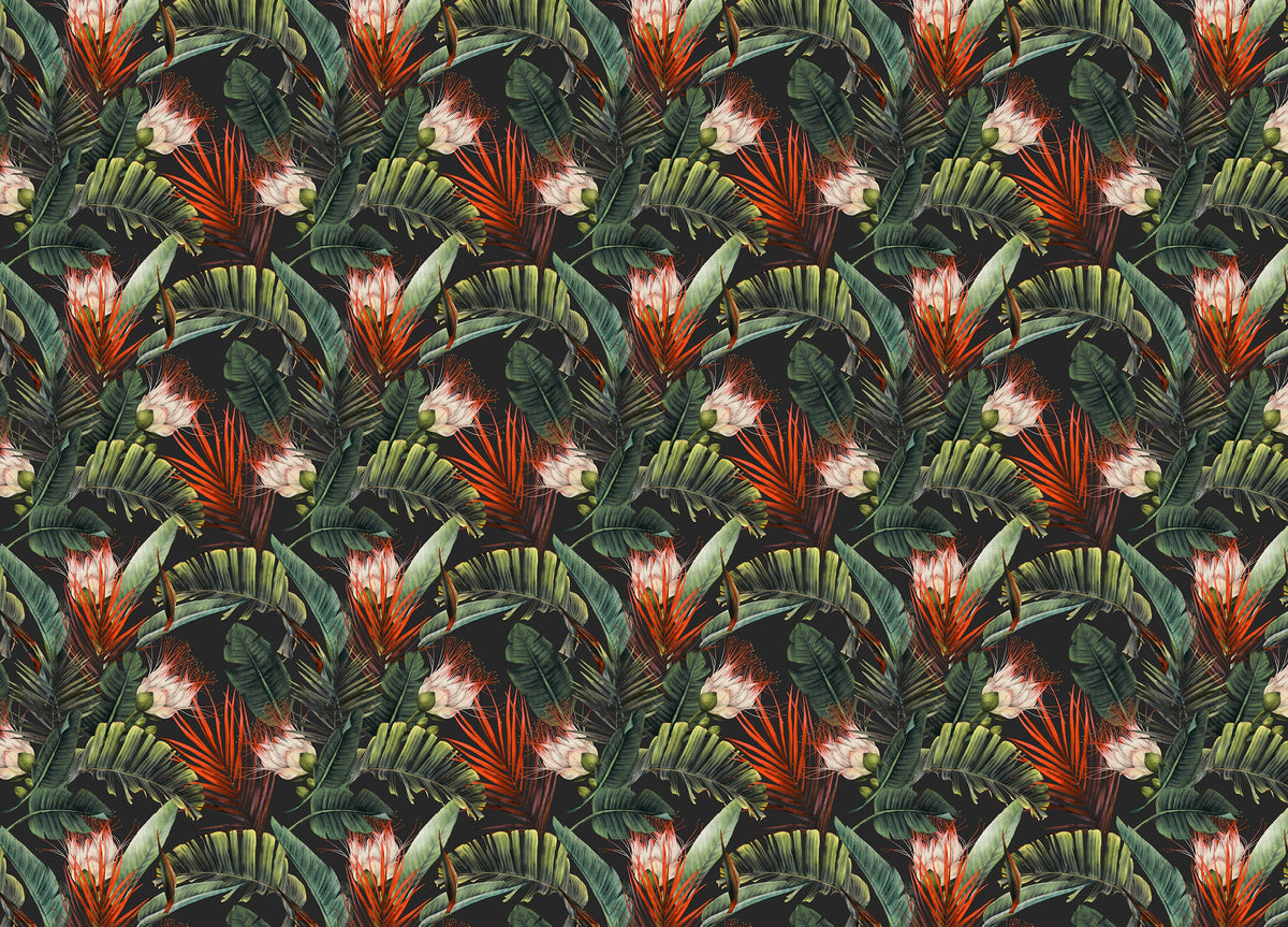 Floral Pattern Tropical Leaves Dark Background Wallpaper