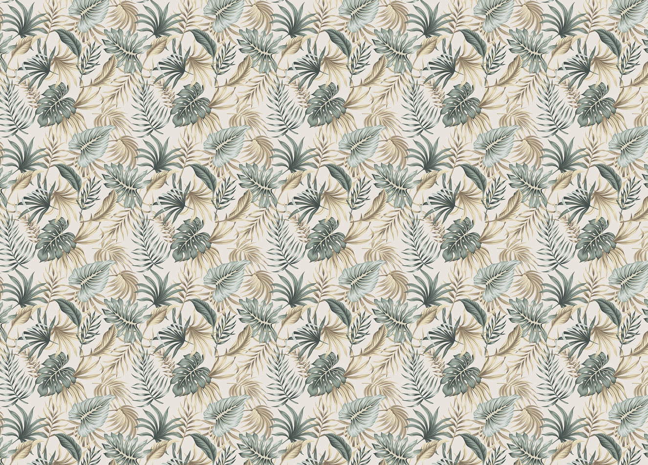Tropical Green Foliage Palm Leaves Beige Wallpaper