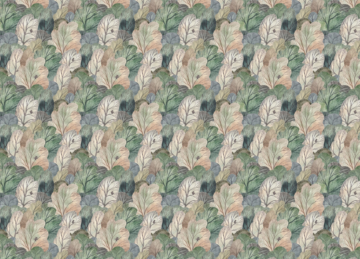 Watercolor Forest Cute Seamless Pattern Leaf Wallpaper in your room — zoomed