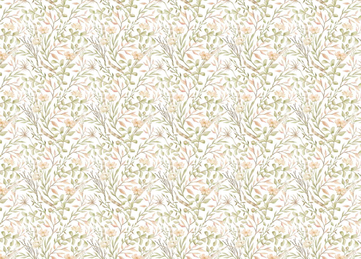 Watercolor Green Leaf and Brunches Meadow Flower Wallpaper in your room — zoomed