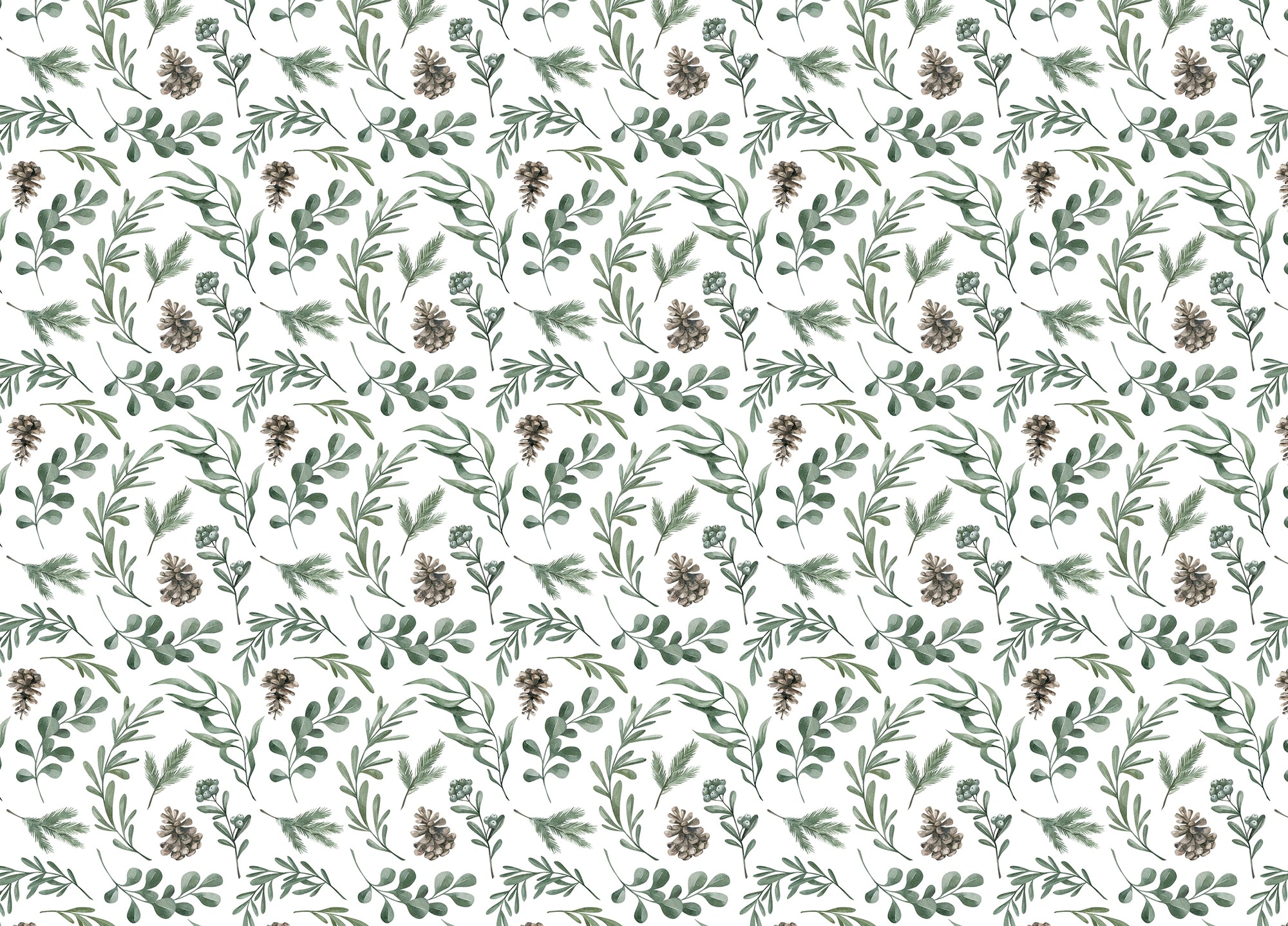 Watercolor Winter Green Leaves and Branches Decor Wallpaper