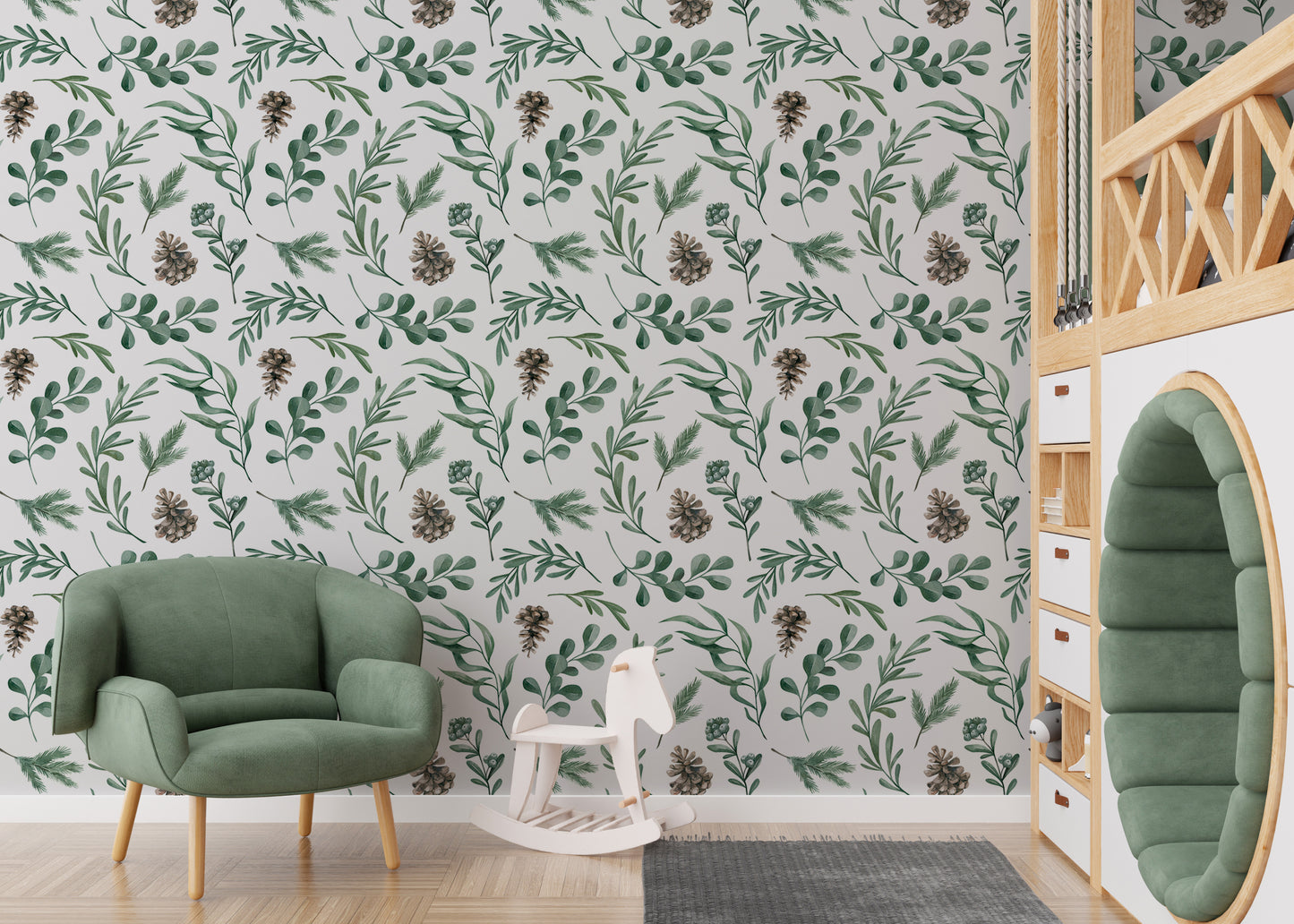 Watercolor Winter Green Leaves and Branches Decor Wallpaper