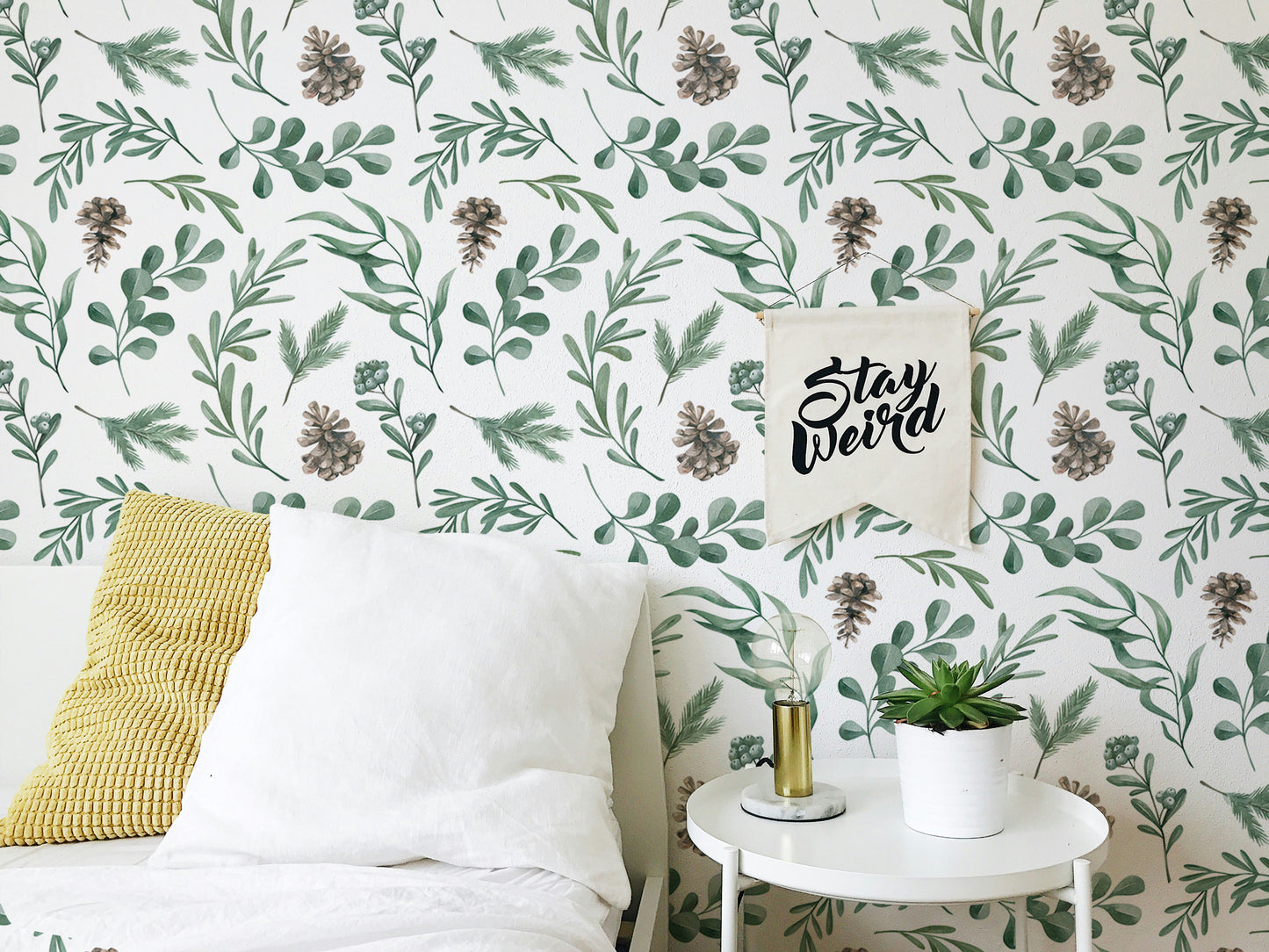 Watercolor Winter Green Leaves and Branches Decor Wallpaper