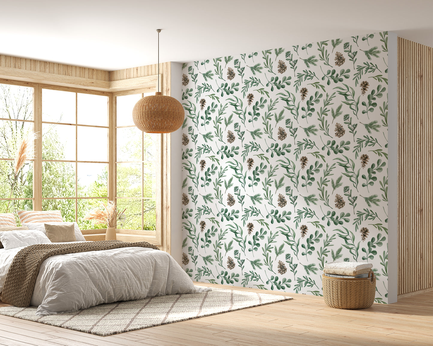 Watercolor Winter Green Leaves and Branches Decor Wallpaper