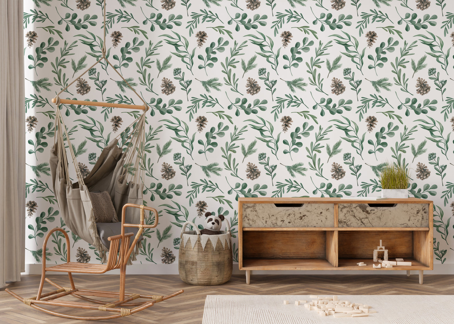 Watercolor Winter Green Leaves and Branches Decor Wallpaper