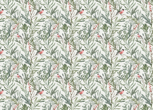 Botanical Watercolor Leaves Bullfinch Bird Foliage Wallpaper