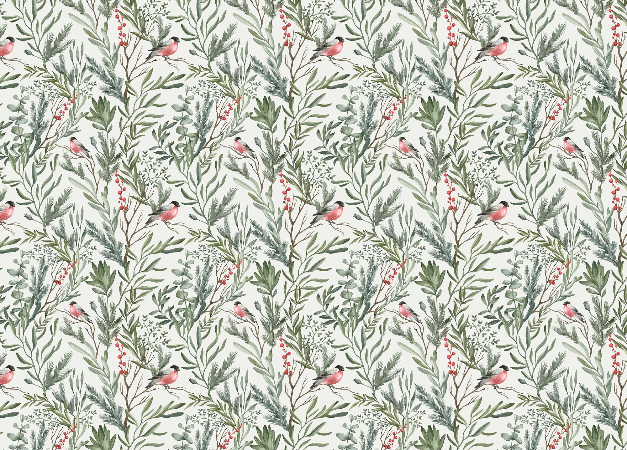 Botanical Watercolor Leaves Bullfinch Bird Foliage Wallpaper