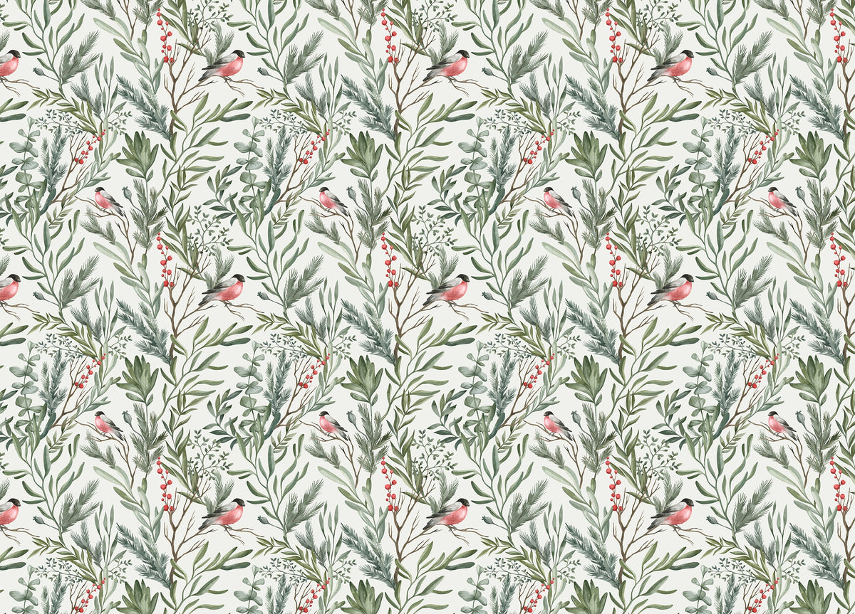 Botanical Watercolor Leaves Bullfinch Bird Foliage Wallpaper in your room — zoomed