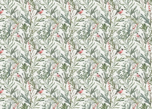 Botanical Watercolor Leaves Bullfinch Bird Foliage Wallpaper