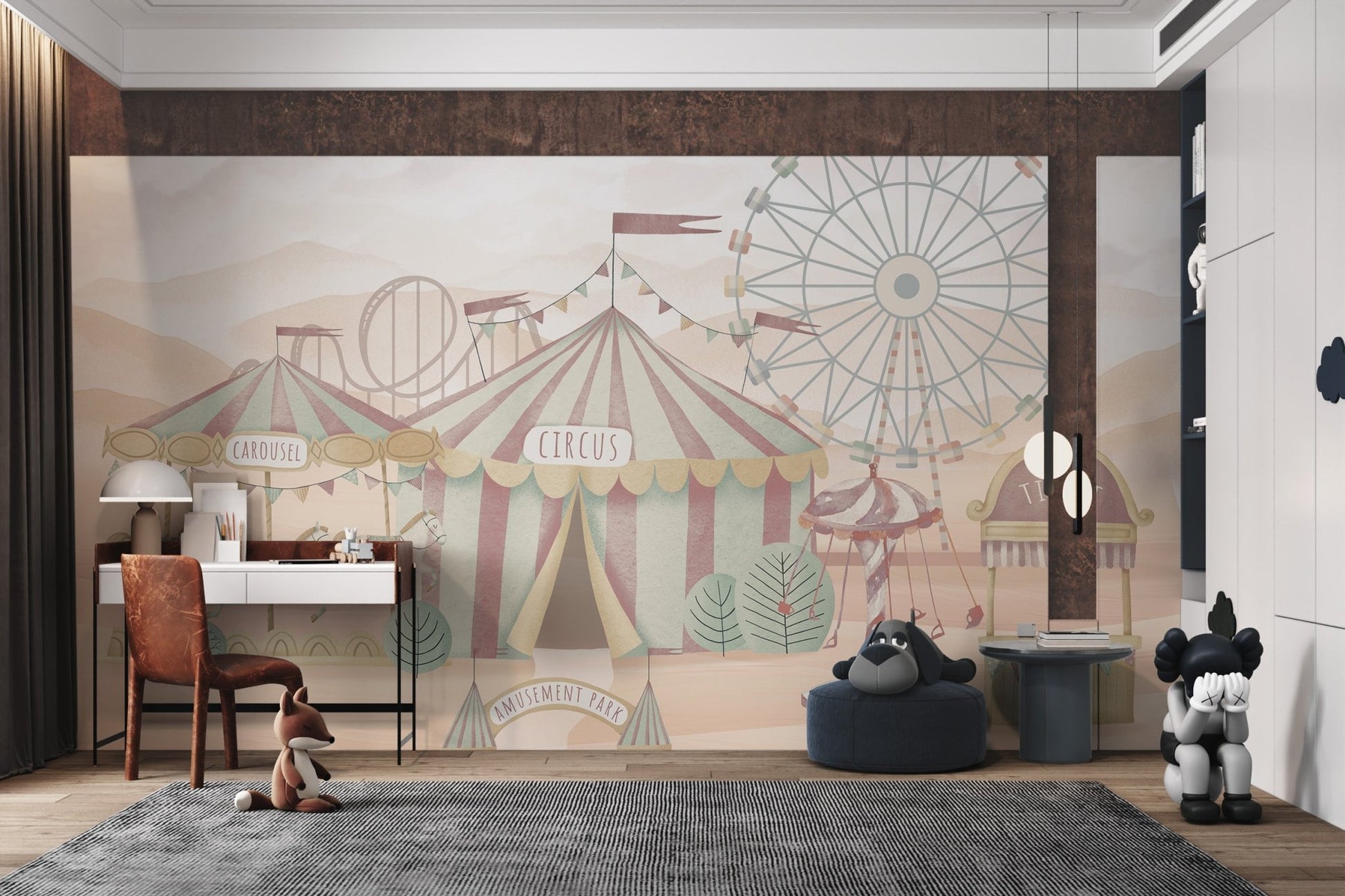 Whimsical amusement park landscape for a creative study room wall mural