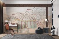 Whimsical amusement park landscape for a creative study room wall mural