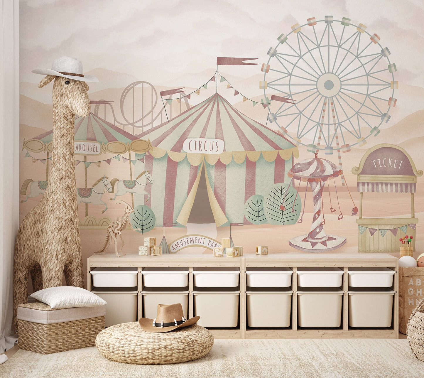 Soft-tone circus mural featuring a carousel horses and amusement park.