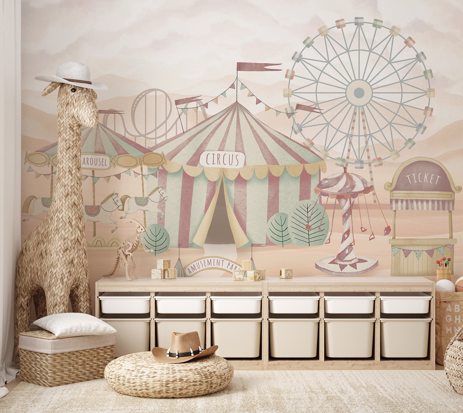 Soft-tone circus mural featuring a carousel horses and amusement park.