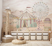 Soft-tone circus mural featuring a carousel horses and amusement park.