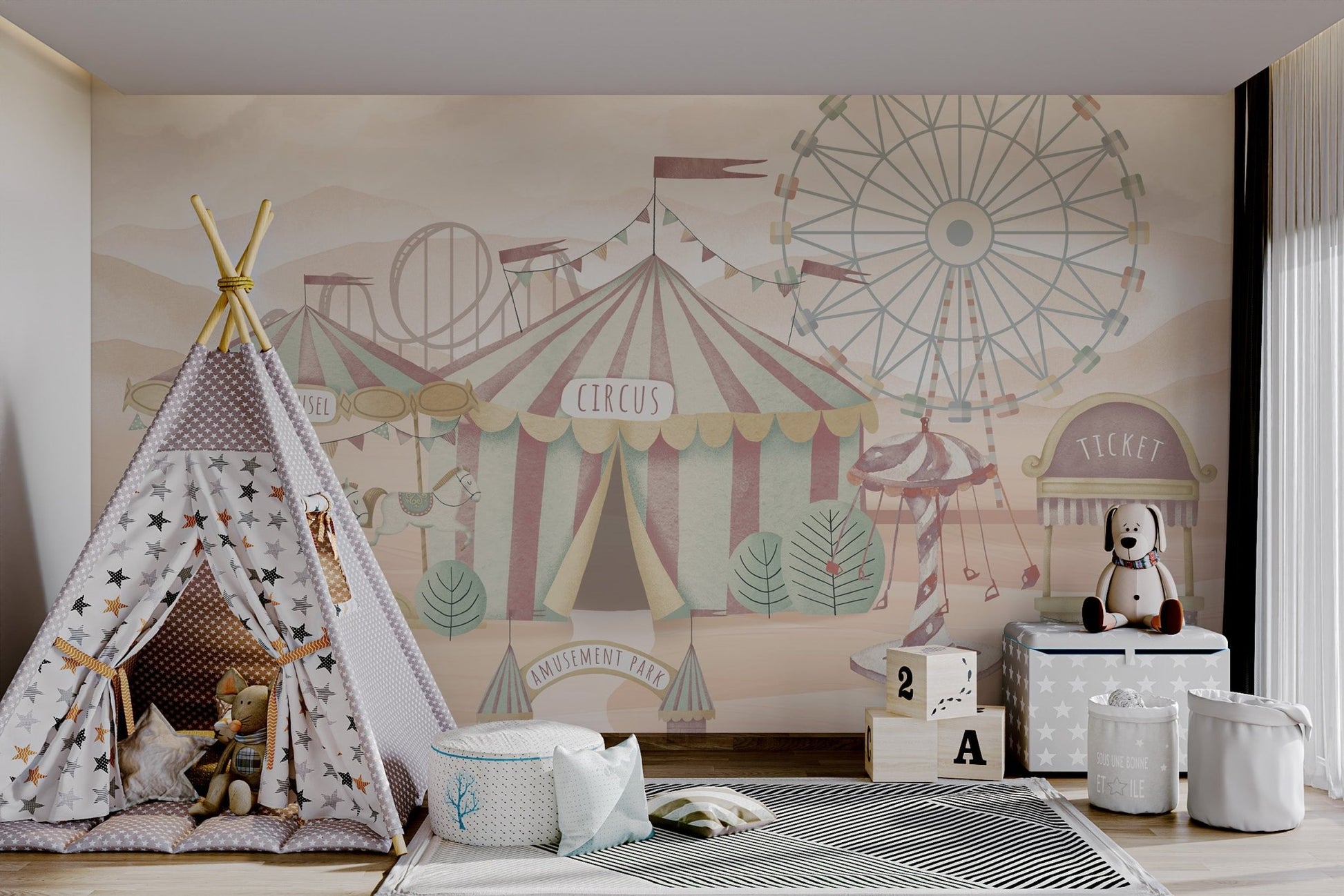 Striped big top tent and carousel horses on a light beige nursery wall mural.