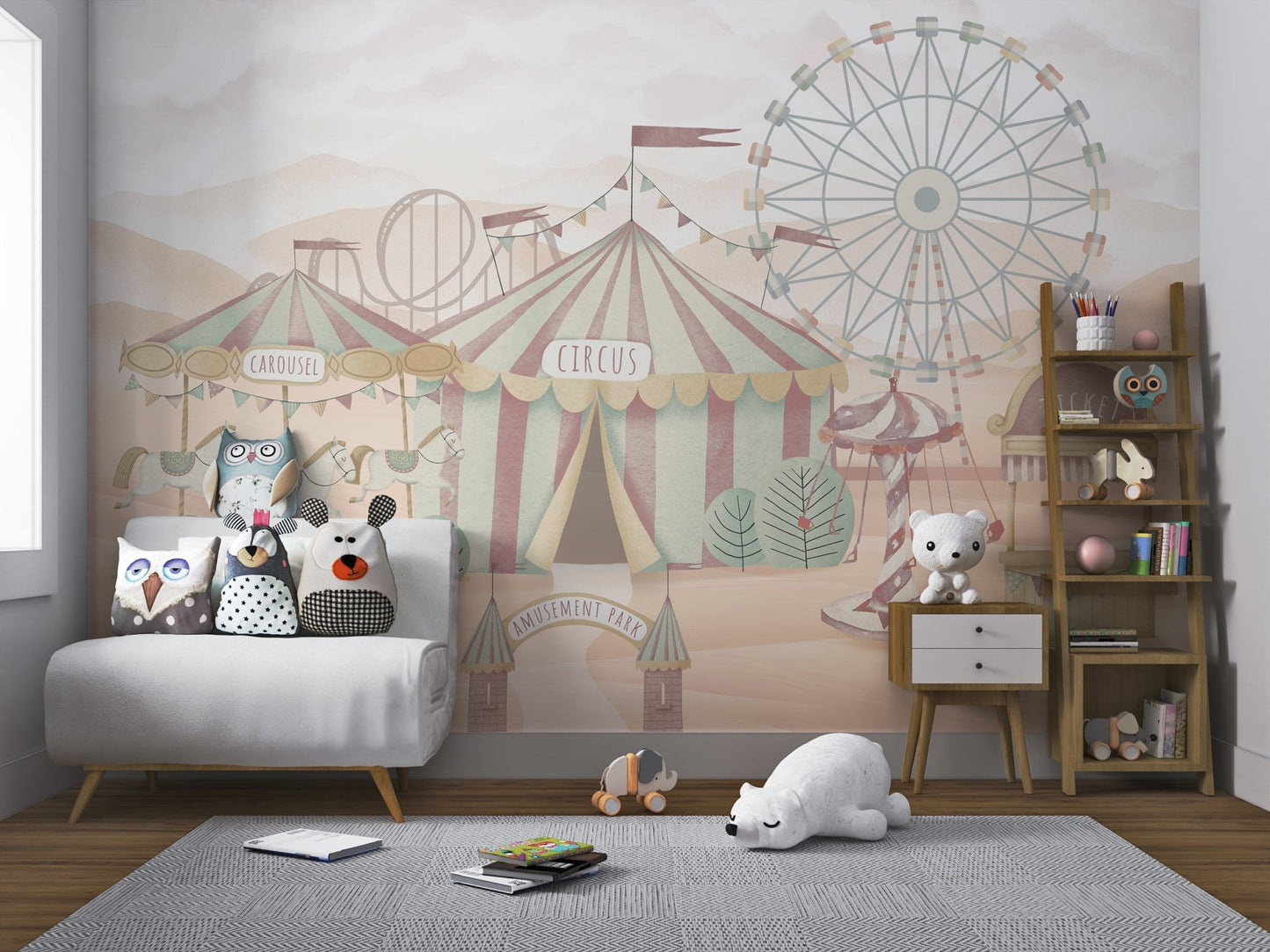 Detailed ferris wheel and roller coaster illustration for a playroom wall mural.