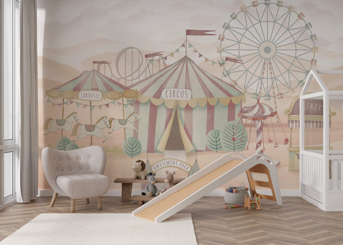 Vintage carousel horses in soft beige and pink tones for a nursery wall mural.