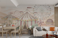 Large striped pastel circus tent and flags for a modern flat wall mural.