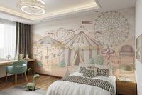 Hand drawn circus theme with pastel green trees for a bedroom wall mural
