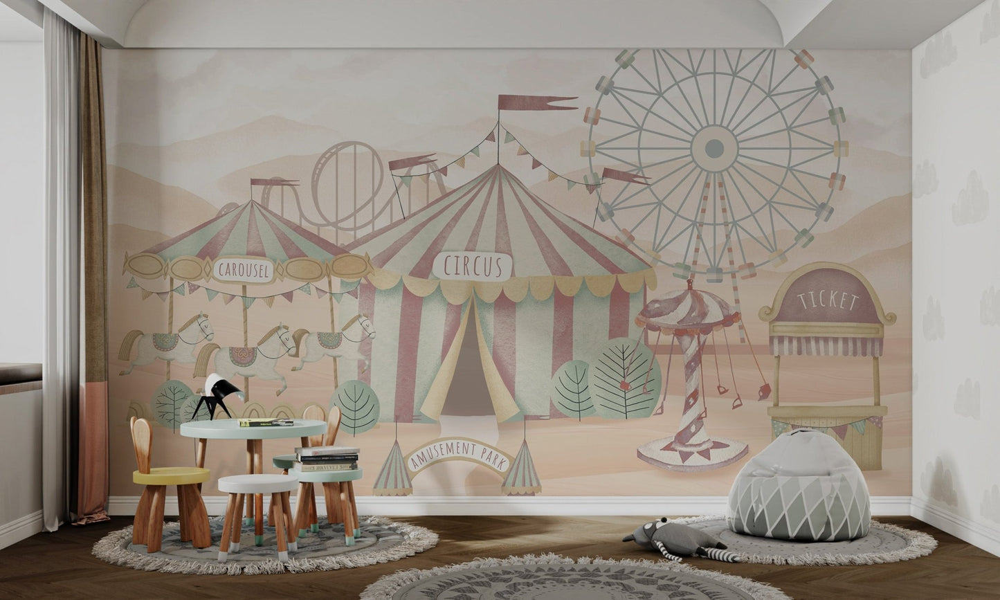 Circus mural with a striped tent, carousel horses, Ferris wheel, and ticket booth.