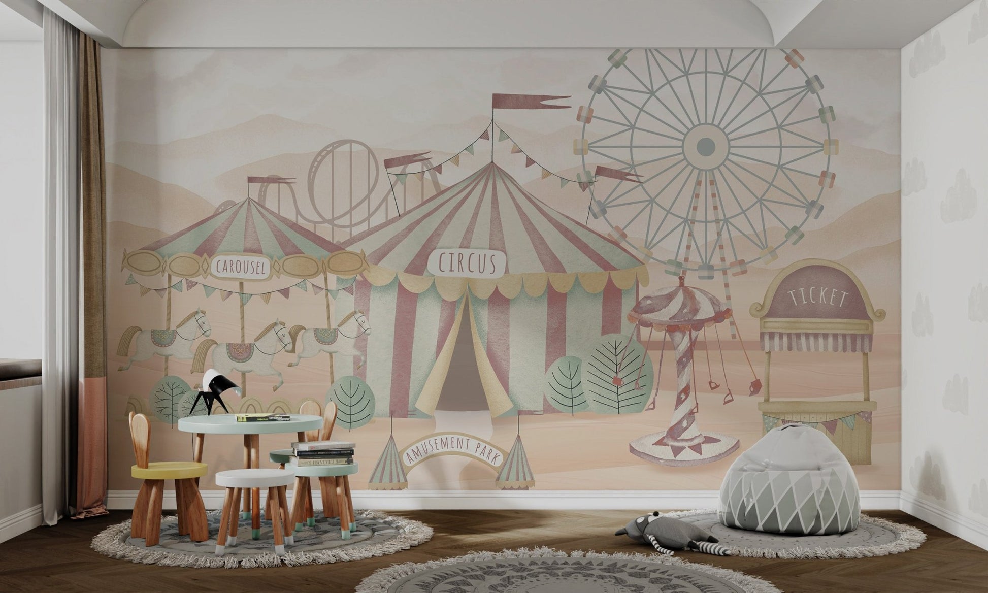 Circus mural with a striped tent, carousel horses, Ferris wheel, and ticket booth.