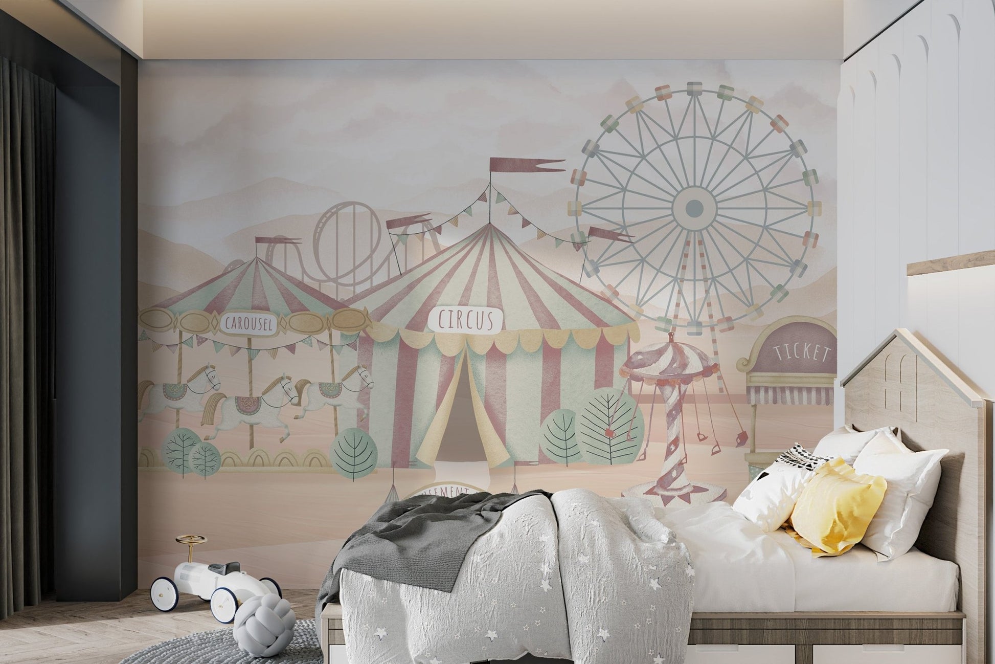 Fairground scene wall mural with a large ferris wheel for a children bedroom.