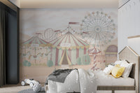 Fairground scene wall mural with a large ferris wheel for a children bedroom.