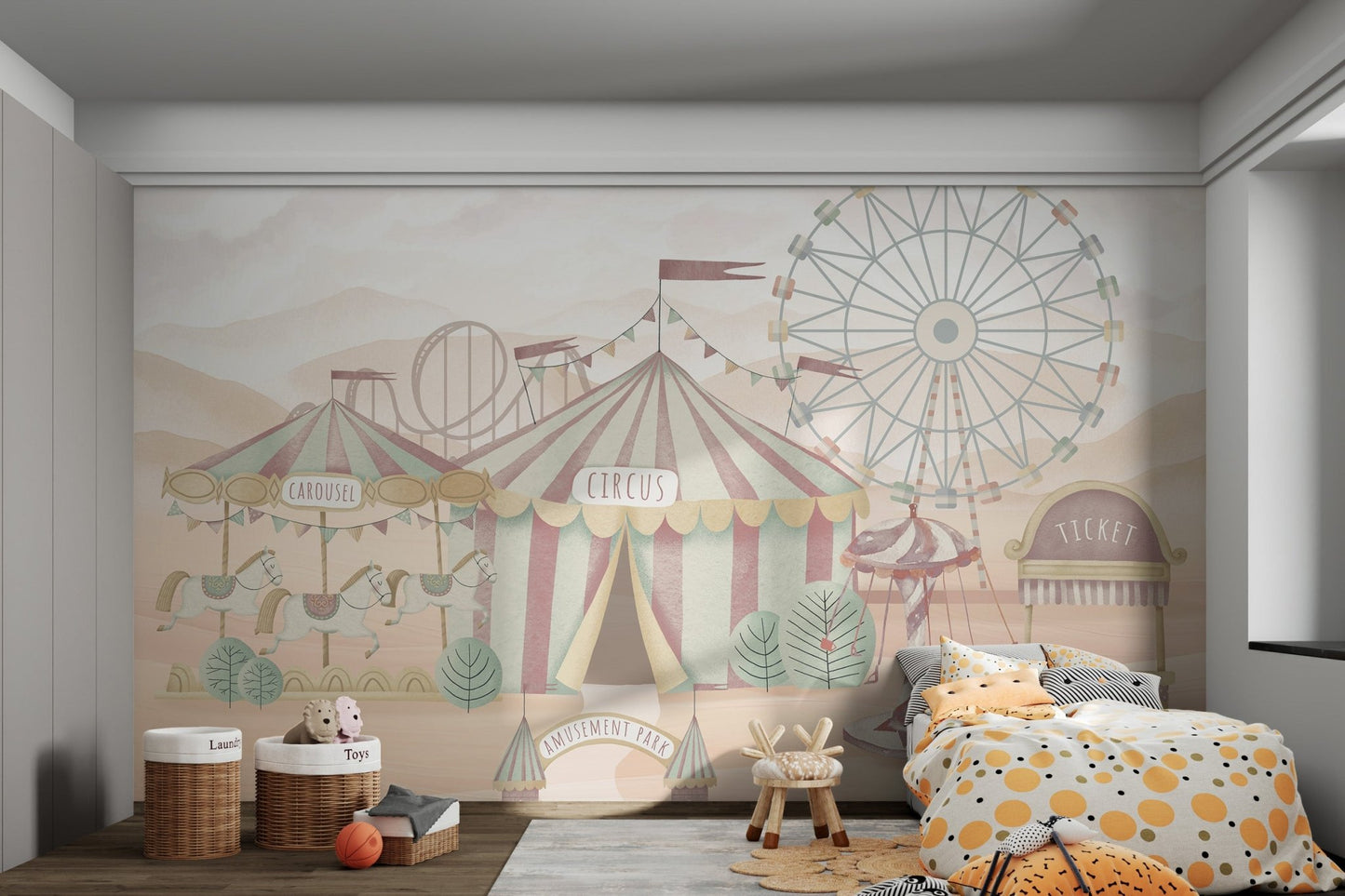 Vintage-inspired circus wall mural featuring striped tent and rollercoaster.