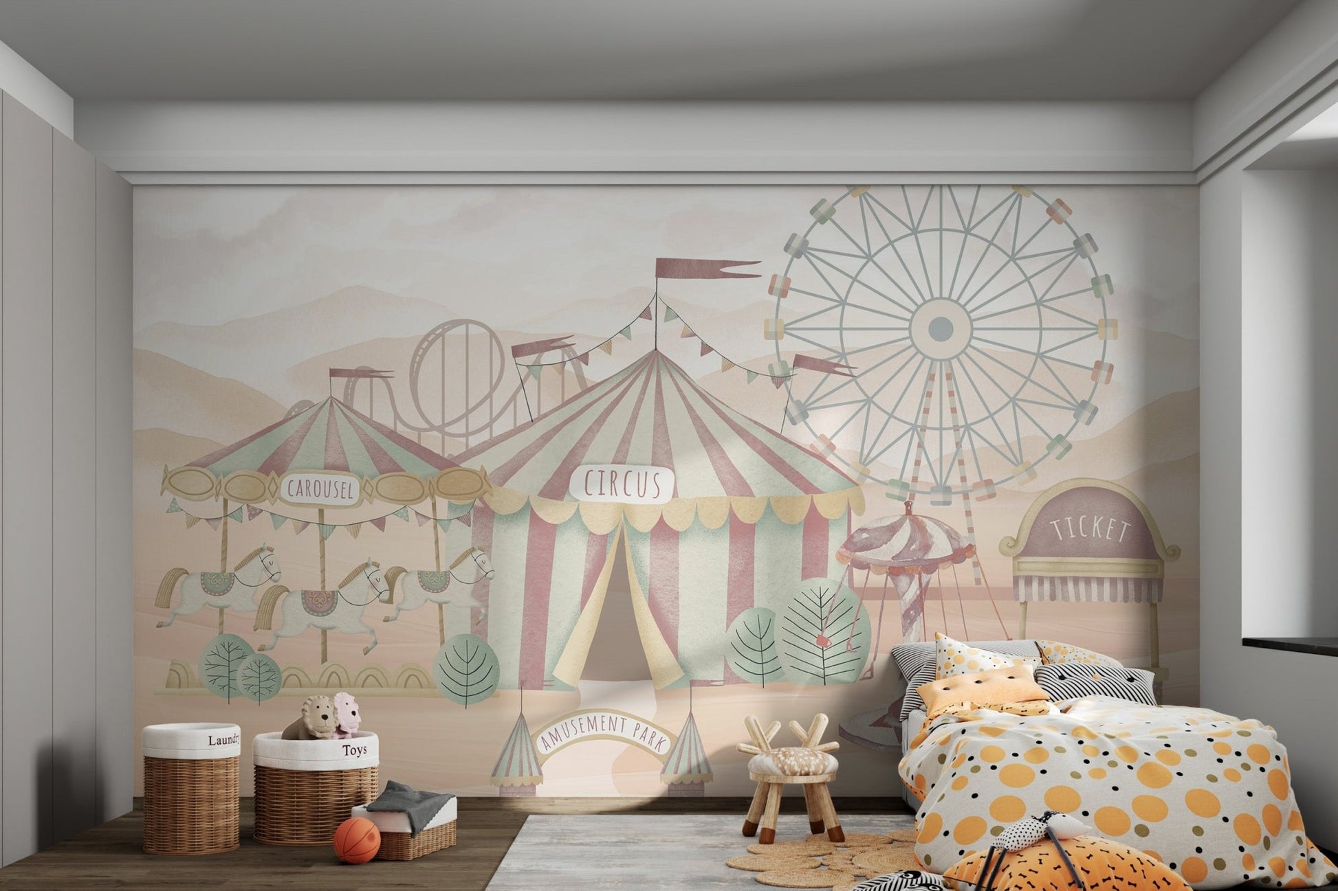 Vintage-inspired circus wall mural featuring striped tent and rollercoaster.