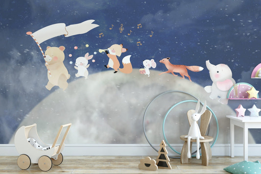 Fox playing a trumpet with musical notes wallpaper decor.