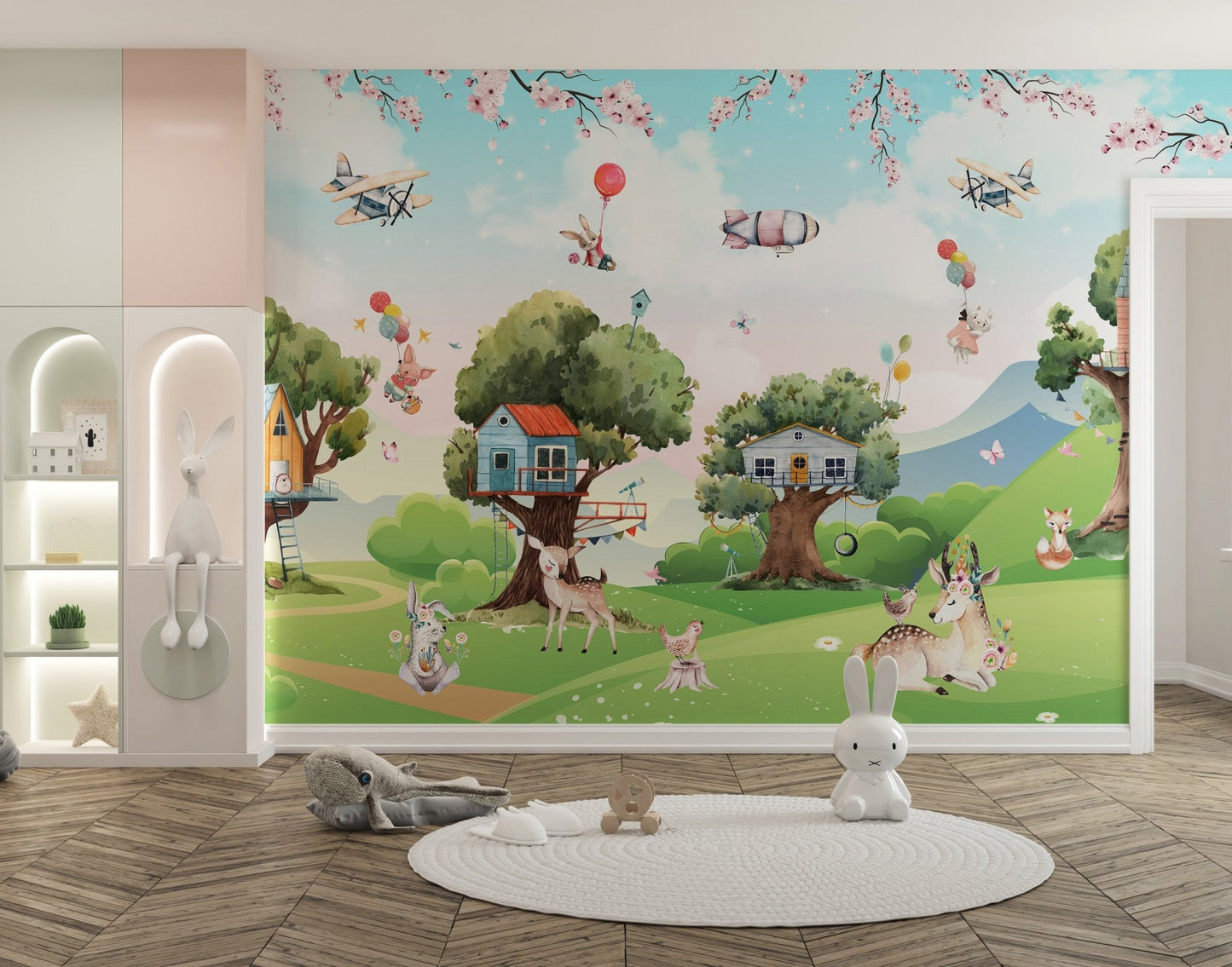 Play area featuring Magical Cartoon Jungle Kids Wall Mural with treehouse.
