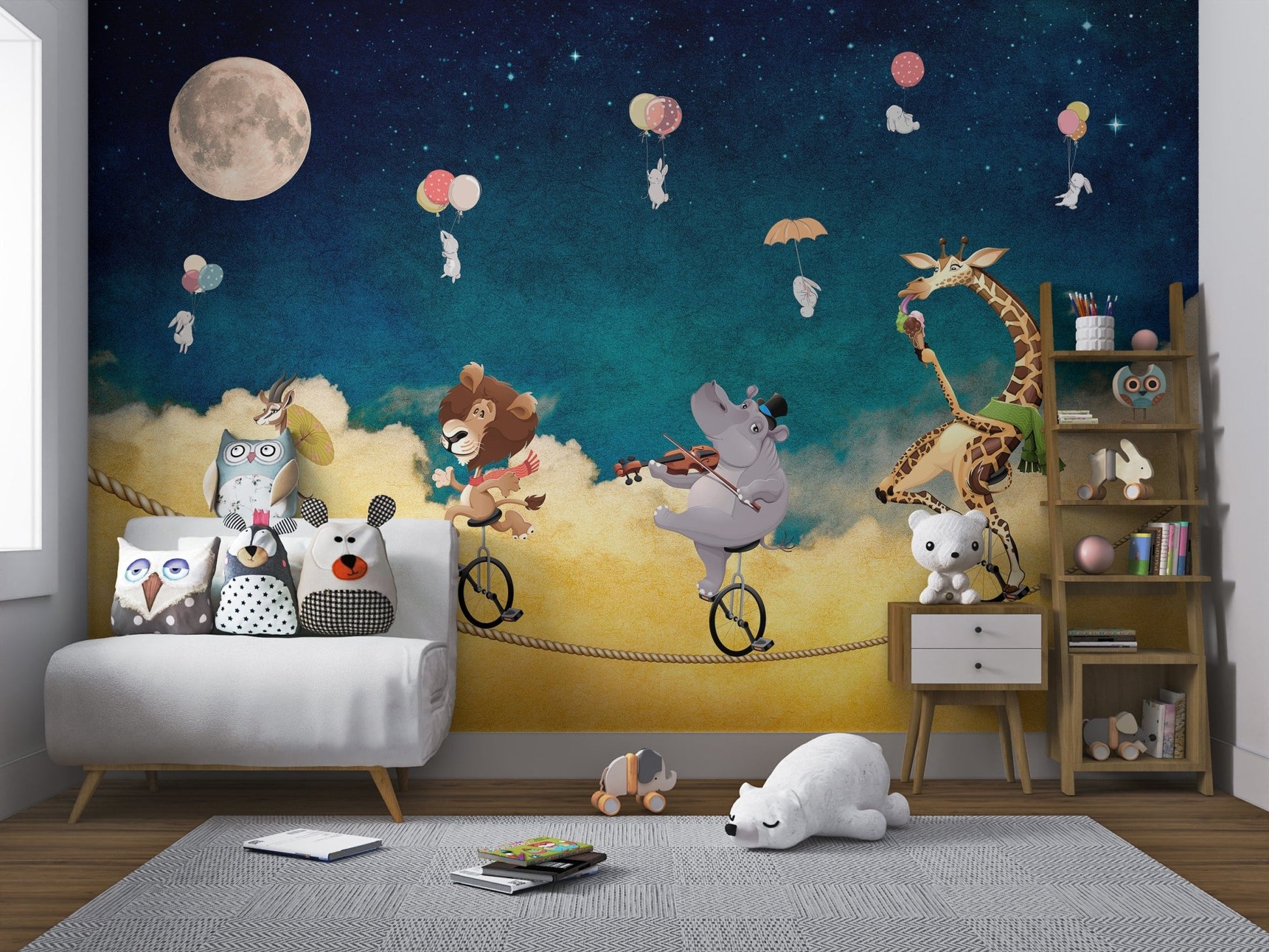 Colorful cartoon animals in moonlit forest mural for nursery.