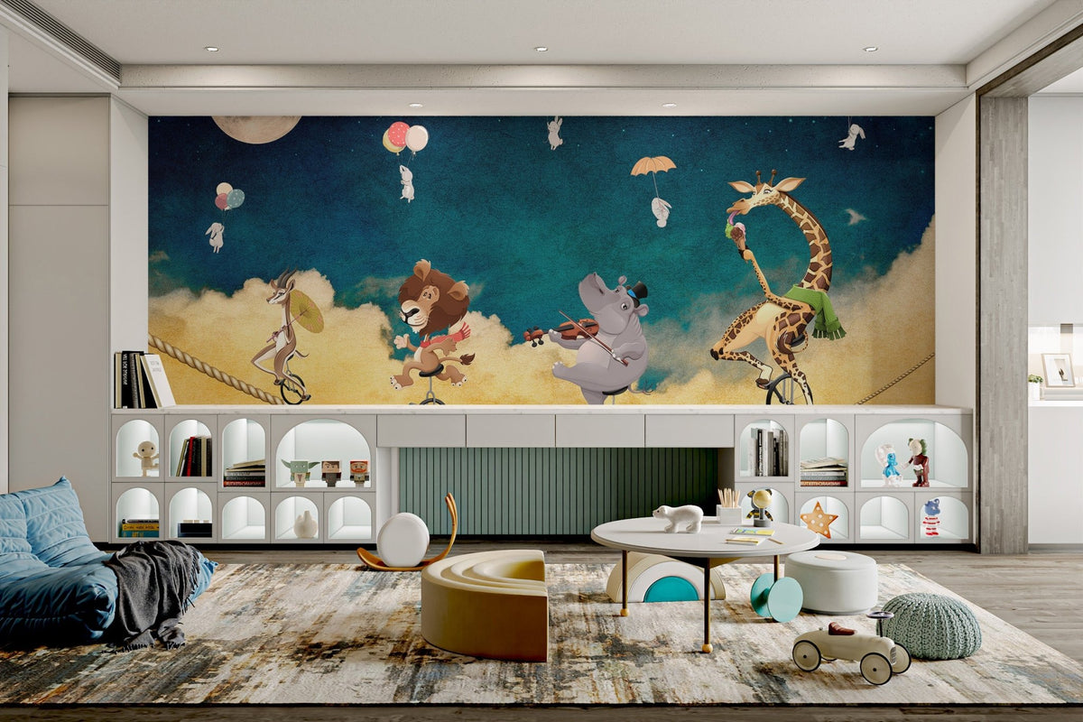 Elephant balancing on a bicycle wall mural for playroom interior.