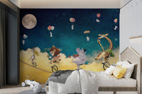 Wildlife animals cartoon wall mural with moonlight for child's sleeping area.