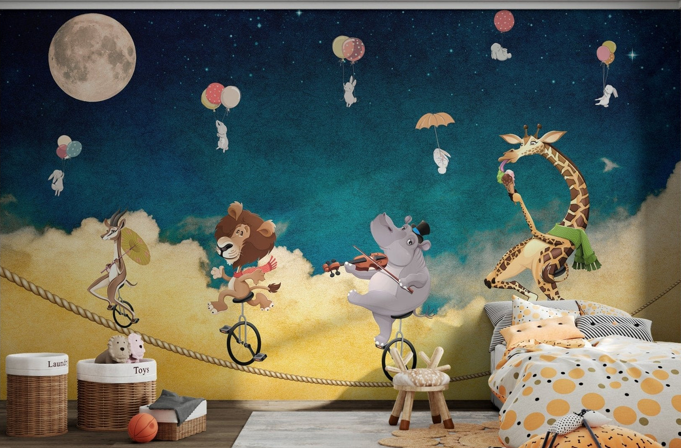 Wildlife cartoon animals under a glowing moon