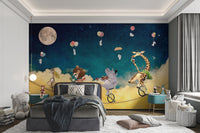 Tightrope walking animals wall mural in grey and yellow tones for kids bedroom.