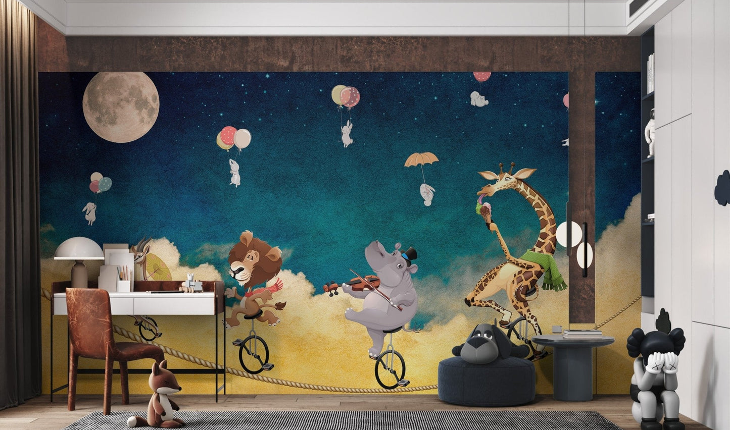 Whimsical animal circus wall mural with teal blue night sky in study area.