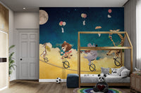 Blue and yellow circus animal wall mural for children's bedroom.