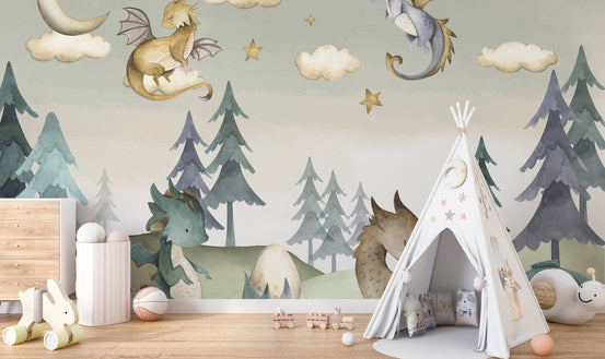 Pastel fantasy wall mural with dragons and crescent moon.