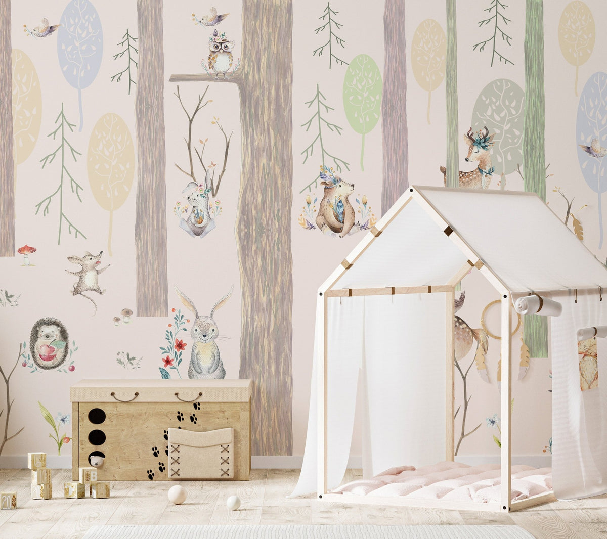 Magical Fairy Forest Kids Wall mural in a play area with a wooden house bed frame.