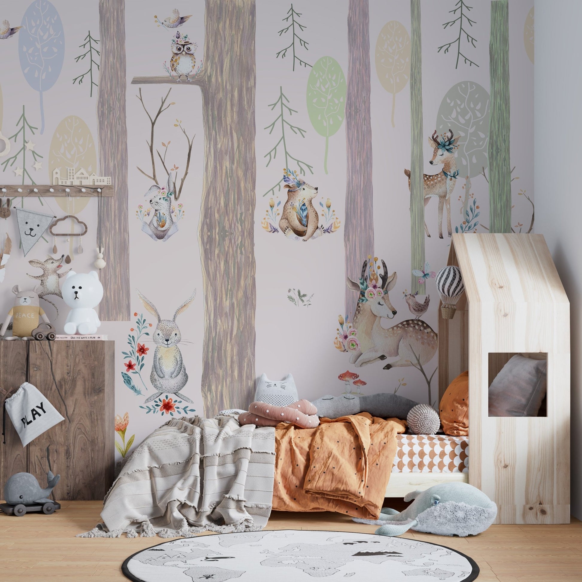 Kids bedroom wall mural with vertical forest patterns and a house shaped shelf.