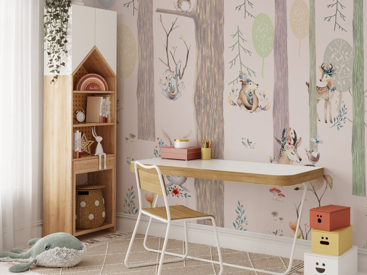 Kids room wall mural featuring deer and owls in a light timber study space.