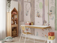 Kids room wall mural featuring deer and owls in a light timber study space.