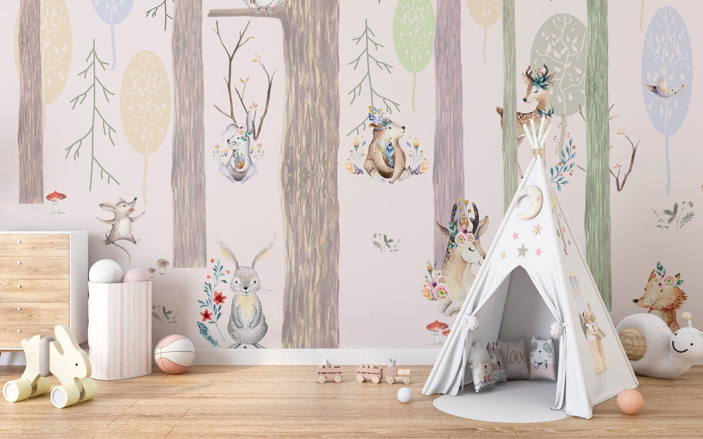 Magical Fairy Forest Kids Wall mural used in a nursery with a canvas teepee tent.
