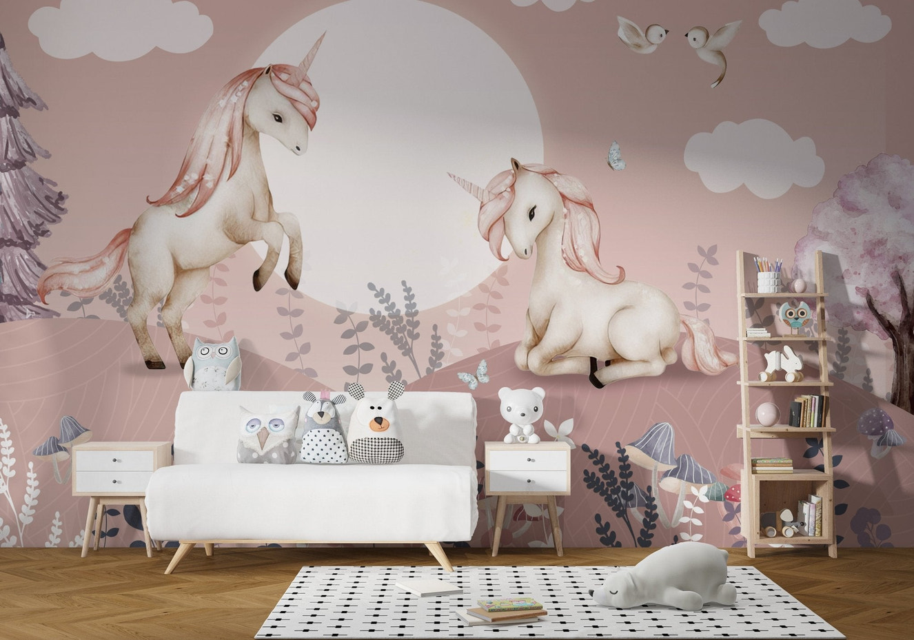 Artistic forest friends wall decor with unicorns and a large moon wallpaper.