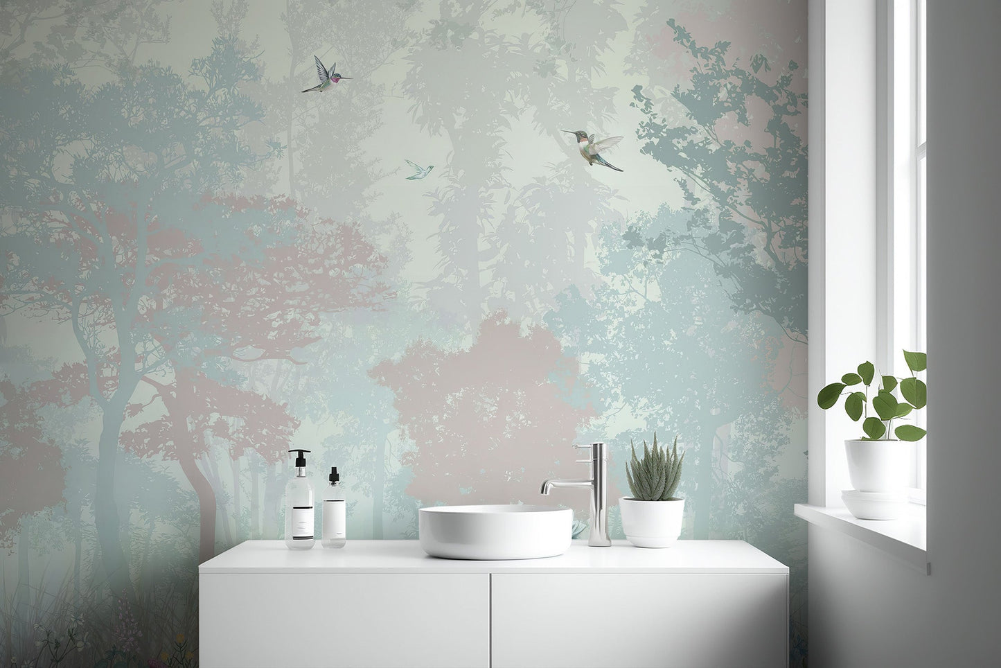 Magical forest kids wallpaper mural depicting a white pony in a meadow.