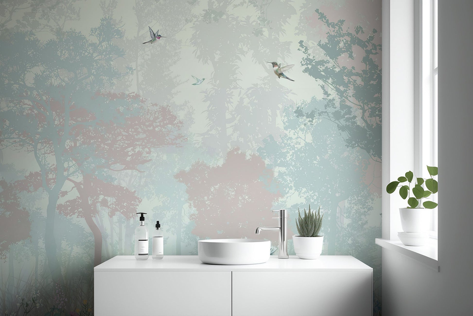 Magical forest kids wallpaper mural depicting a white pony in a meadow.